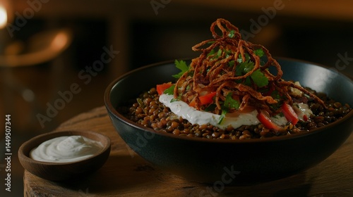 Scrumptious Lentil Bowl with Yogurt Sauce and Crispy Toppings