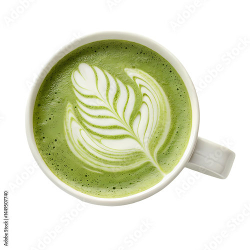 Delicious Matcha Latte with Elegant Leaf Art isolated on transparent background