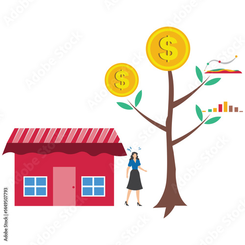 Businesswoman think between paying off mortgage and investing in stock market for profit symbolizing tough financial decision