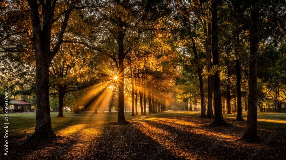 Naklejka premium Golden sunbeams through autumn trees