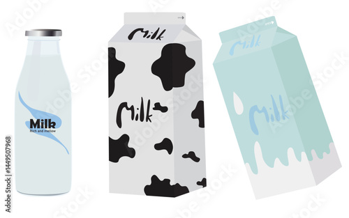 Milk illustration. Three milk packaging designs.