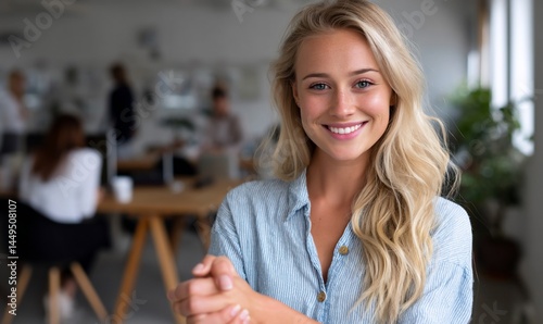 Smiling businesswoman in modern office, confident and professional, portrait shot for business or personal use