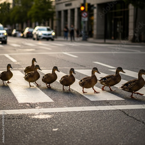 A group of ducks waddling across a crosswalk in perfect single file