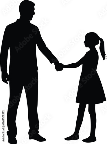 Father holds his daughter's hand, depicting a monochrome silhouette with paternal affection and guidance