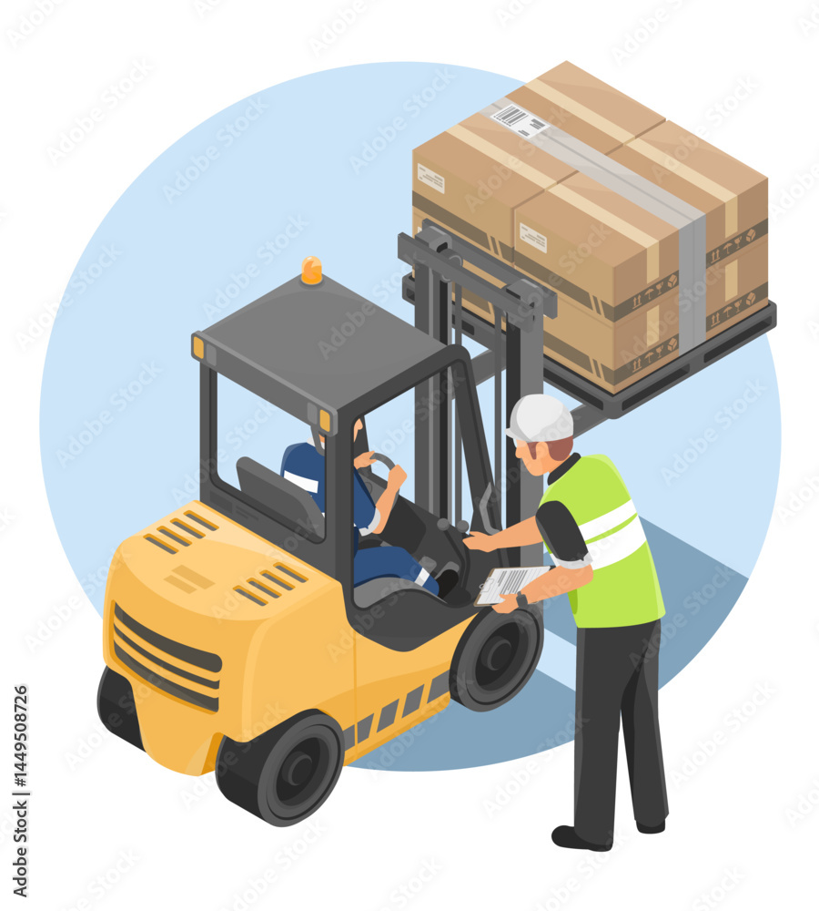 Forklift operator training session with instructor guiding license examination process in a warehouse safety environment isometric isolated