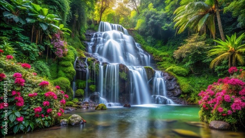 Serene crystal clear waterfall cascading down a moss-covered rock face surrounded by dense lush green forest foliage and vibrant tropical flowers , landscape photography, nature scenery