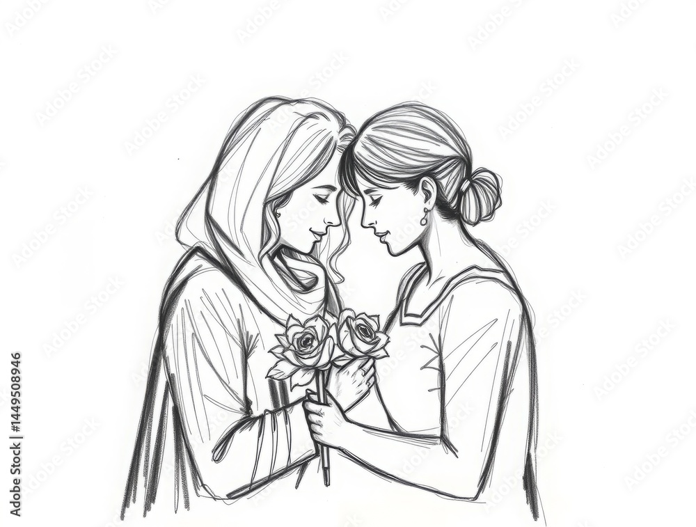Timeless bond: An illustration of two women with roses expresses love, affection, and tender companionship, radiating warmth and gentleness. Timeless bond: An illustration of two women with roses expresses love, affection, and tender companionship, radiating warmth and gentleness.