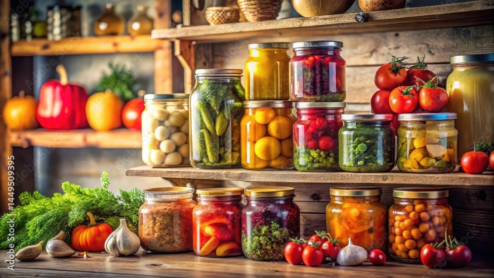 Colorful vegetable jars stacked on a wooden shelf in a cozy winter kitchen