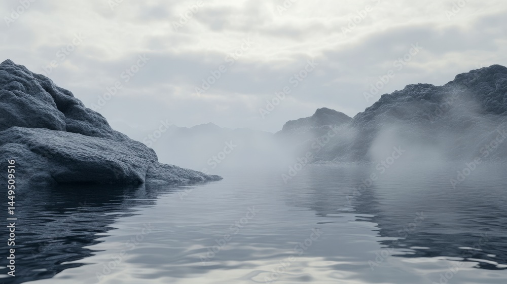 Fototapeta premium Misty Mountain Lake: A Serene Landscape Painting