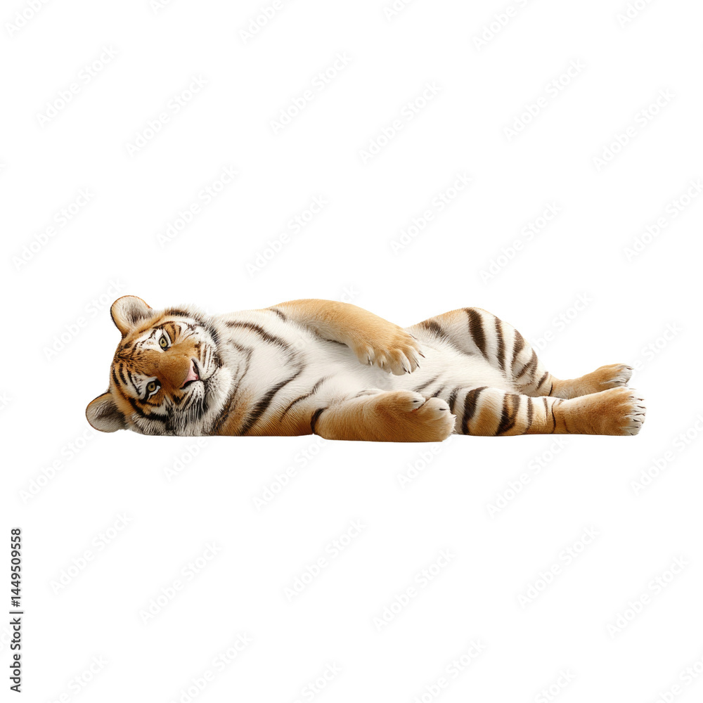 Fototapeta premium A majestic tiger lies comfortably on its side, displaying its striking orange and black stripes. The animal appears relaxed, resting in a peaceful environment