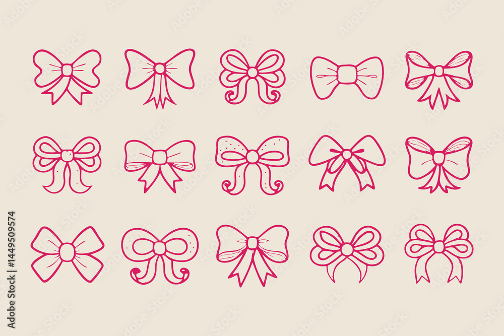 Collection of 16 hand-drawn ribbon bow illustrations in various cute and decorative styles, perfect for design, scrapbooking, invitations, and craft projects, vector illustration. Collection of 16 hand-drawn ribbon bow illustrations in various cute and decorative styles, perfect for design, scrapbooking, invitations, and craft projects, vector illustration.