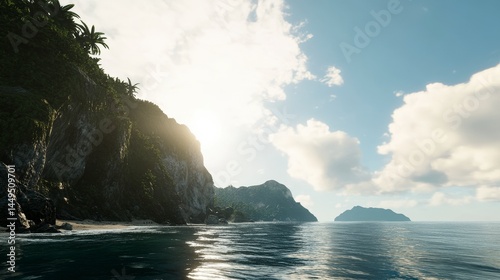 Tropical Island Paradise: Serene Coastal Scenery and Majestic Peaks