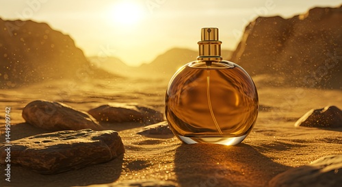 Rough men's cologne, a mock-up of a perfume bottle, against the backdrop of rocks and golden desert sand at sunset. The sandstorm emphasizes the masculine adventurousness of the scent.