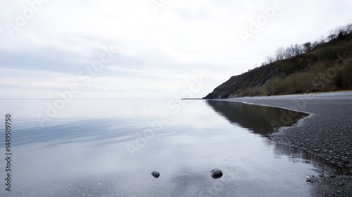 Serene Coastal Landscape: Tranquil Beach Scene with Calm Water Reflections
