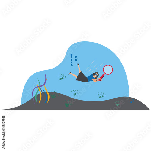 Businesswoman scuba diving in deep blue ocean with magnifying glass symbolizing deep dive analysis for market improvement