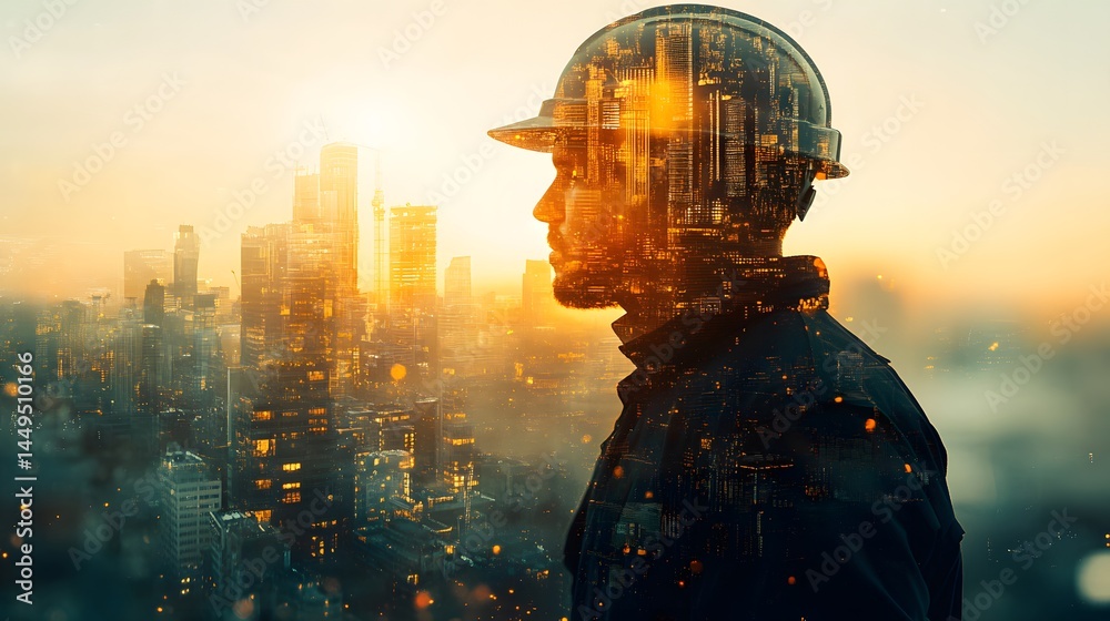 Urban double exposure image of construction worker reflecting infrastructure, engineering, and modern architectural progress
Urban double exposure image of construction worker reflecting infrastructure, engineering, and modern architectural progress