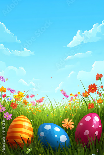 Colorful Easter eggs nestled in vibrant grass and flowers under a bright blue sky