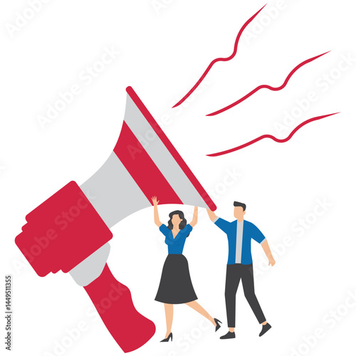 Businessman and woman shout through megaphone announcing job vacancy for hiring