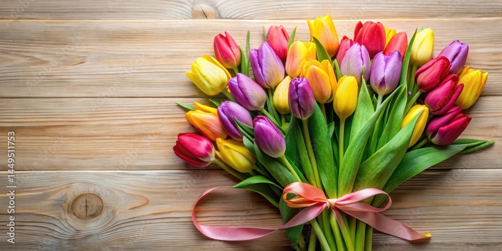 Vibrant tulips arranged in a lush bouquet with greenery and ribbons, spring, flowers, spring,flowers, floral, colorful Vibrant tulips arranged in a lush bouquet with greenery and ribbons, spring, flowers, spring,flowers, floral, colorful