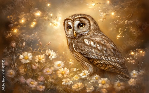 Magical Owl in Golden Flower Garden at Night