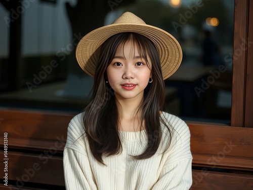 an image of a woman wearing a hat and sweater posing for a picture, there is a woman wearing a hat and sweater posing for a picture photo