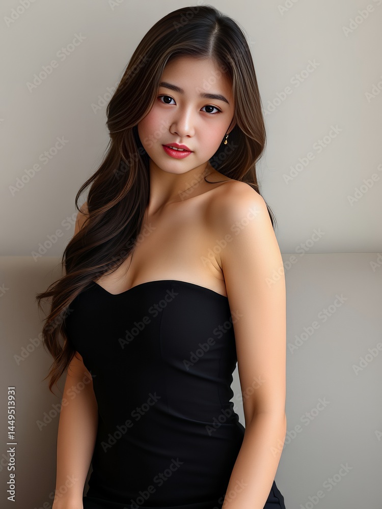 Fototapeta premium an image of a woman in a black dress posing for a picture, there is a woman in a black dress posing for a picture