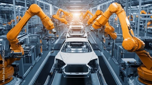 Modern auto factory shows robotic arms assembling cars. Automated process efficient, fast. Manufacturing cars on assembly line. Industrial setting. Automated production, innovation in Indian auto