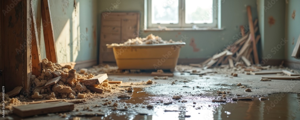 Obraz premium Flood-damaged interior with water on the floor. Demolition debris and ruined drywall show post-flood home renovation challenges. Restoration project after water damage. Repair and construction work.