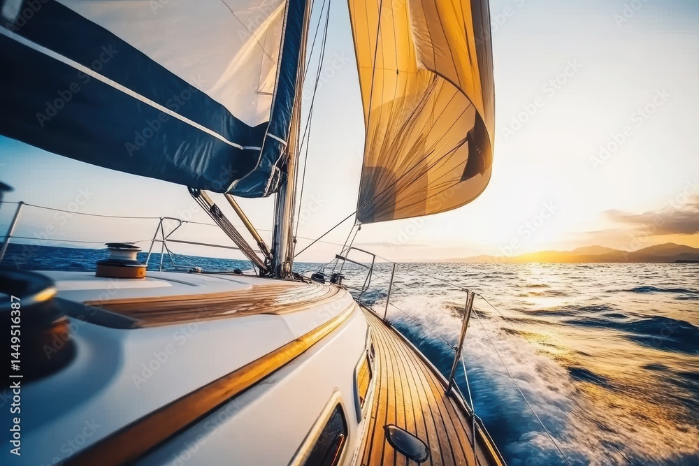 Fototapeta premium Sailing into the Sunset Aboard a Luxurious Yacht on the Open Sea Adventure and Freedom Await