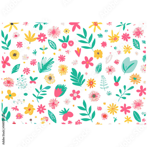 Wallpaper Mural "Create a colorful floral pattern featuring a variety of flowers and leaves in shades of pink, yellow, blue, orange, and green. The design should have a whimsical, hand-drawn style with a textured, cr Torontodigital.ca