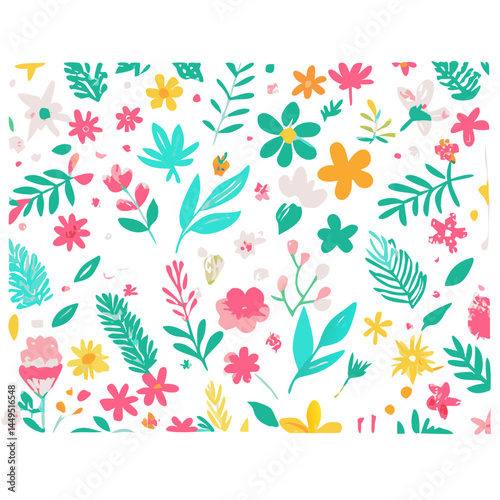 "Create a colorful floral pattern featuring a variety of flowers and leaves in shades of pink, yellow, blue, orange, and green. The design should have a whimsical, hand-drawn style with a textured, cr