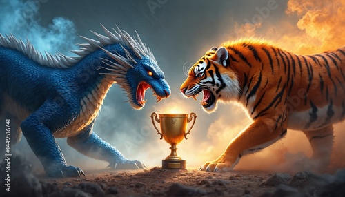 Dragon facing tiger near trophy in battle. Creatures stand ready to compete. Fantasy art, epic fight scene. Golden cup victory, competition, success. Energy, fire, flames enhance thrilling spectacle.