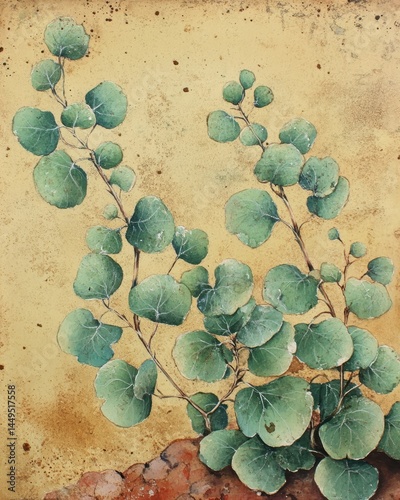 Eucalyptus Branches on Textured Background Botanical Art Illustration Painting