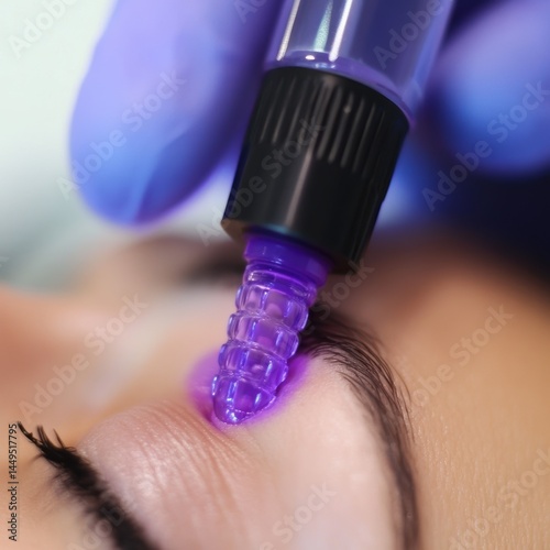 Close up of a woman receiving plasma pen treatment for skin tightening and rejuvenation procedure