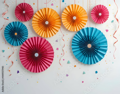 Colorful Paper Fan Decorations and Confetti on White Wall