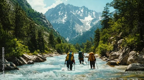Hikers crossing a mountain river.  Three people with backpacks trek through a rushing mountain stream, surrounded by lush vegetation and towering snow-capped peaks