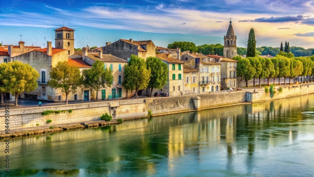 Naklejka premium Old stone quays along Rh?ne River in Arles, with ancient buildings and cypress trees lined up , historic waterfront, mediterranean view