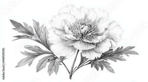 Black and white drawing of a peony, ink on paper, white background