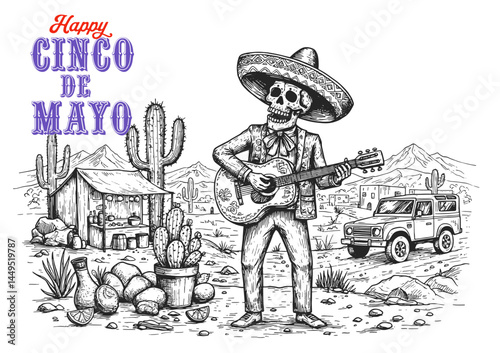 Cinco de Mayo design. Cinco De Mayo announcing poster template with engraving illustration