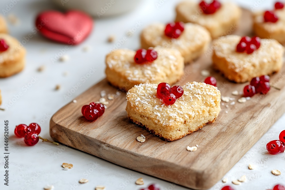 Heart Shaped Cookies Topped with Currants on Wooden Board, Holiday Sweet Treat Heart Shaped Cookies Topped with Currants on Wooden Board, Holiday Sweet Treat