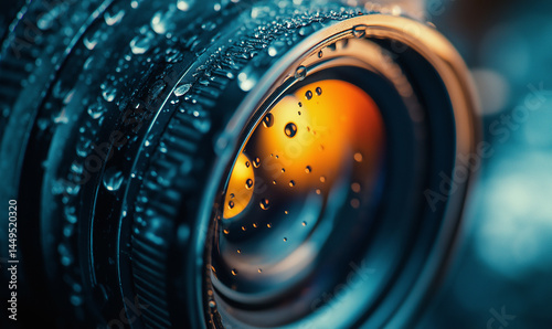 This picture shows a close-up of a camera lens with water droplets, reflecting metallic sheen, with clear and textured details. photo