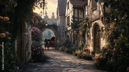 Horse Carriage on Cobblestone Street in European Village