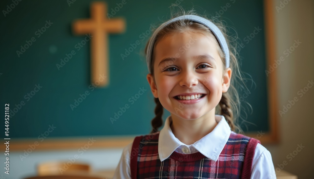 Smiling American schoolgirl in classroom. Young catholic student in uniform with cross on background expresses positive emotion. Girl joy, learning environment. Faith, education, youth, community.