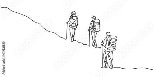 Single Line Art Three Hikers Backpacks Sticks. Mountain Adventure Minimalist Vector Art.