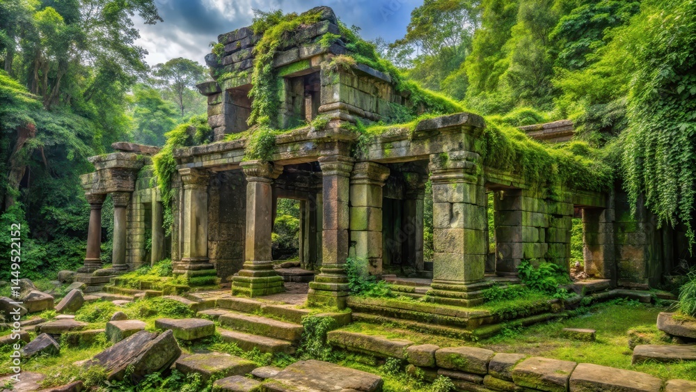 Ancient temple ruins with crumbling stone walls and overgrown vegetation Ancient temple ruins with crumbling stone walls and overgrown vegetation