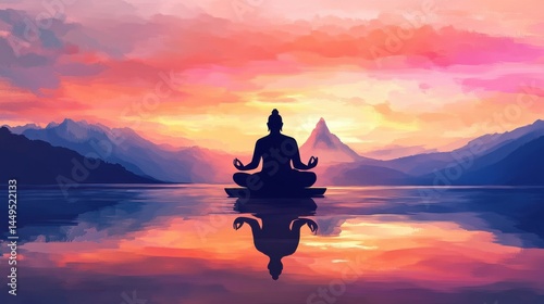 Illustration for mahavir jayanti with silhouette of lord mahavira seated in meditation created with generative ai.