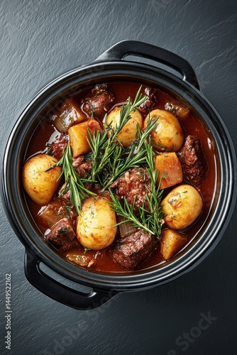 Overhead shot of beef stew with potatoes and rosemary sprigs in a black ceramic pot sitting on a dark surface