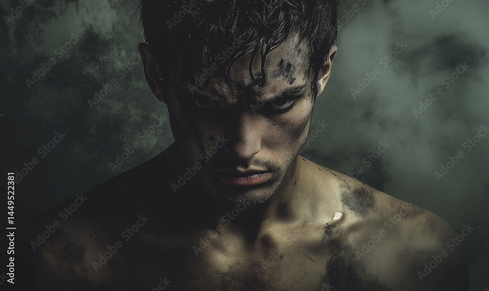 A muscular man gazes into the distance in a dimly lit background, showcasing his determination and strength. A muscular man gazes into the distance in a dimly lit background, showcasing his determination and strength.