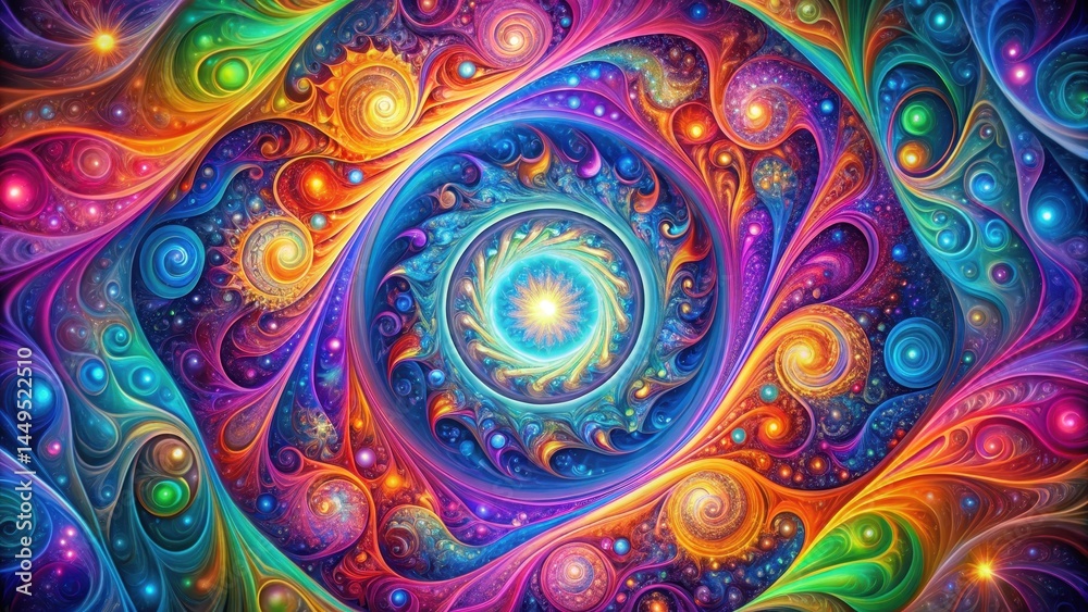 Cosmic swirls with vibrant colors and geometric patterns Cosmic swirls with vibrant colors and geometric patterns