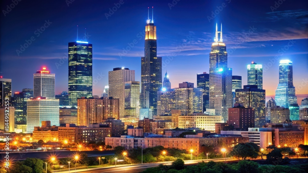 Fototapeta premium City Skyline at Night with Tower , American Midwest, Illinois, American Midwest, Illinois, downtown